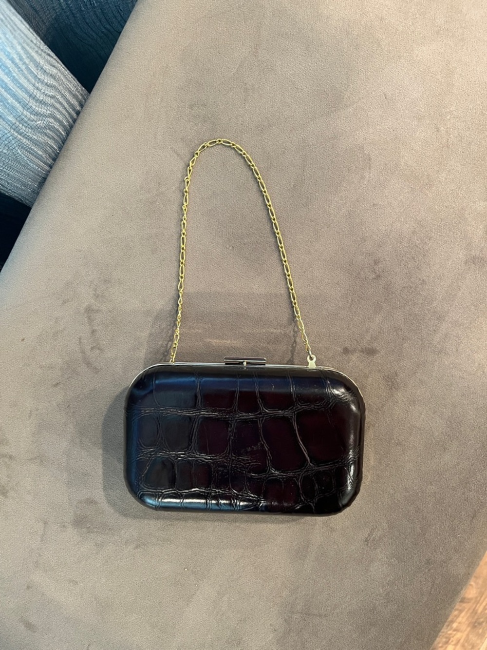 Banana Republic Leather Dark Brown Croc-Embossed Clutch with Gold Chain